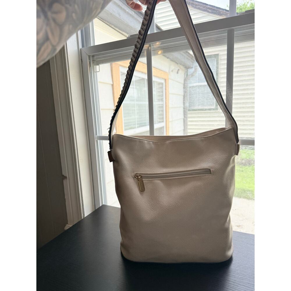Gussaci Cream Faux Leather Woven Detail Hobo Shoulder Bag Boho Large Tote Zip - Picture 5 of 16